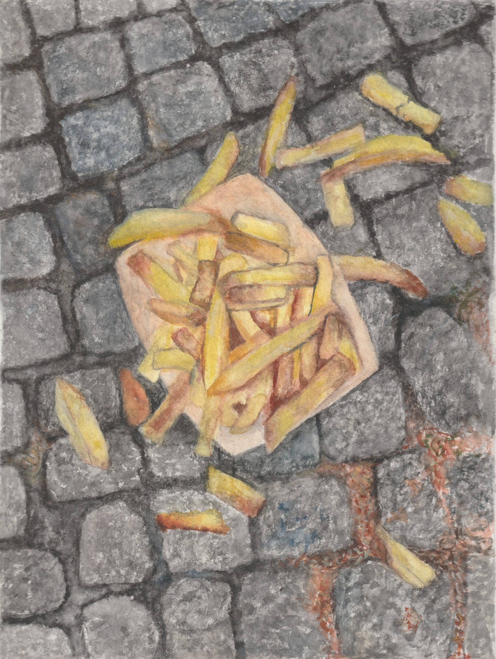 „Pommes auf Pflastersteinen“ 2024 © Andrea Freiberg, watercolor on paper, 23×17(32×24)